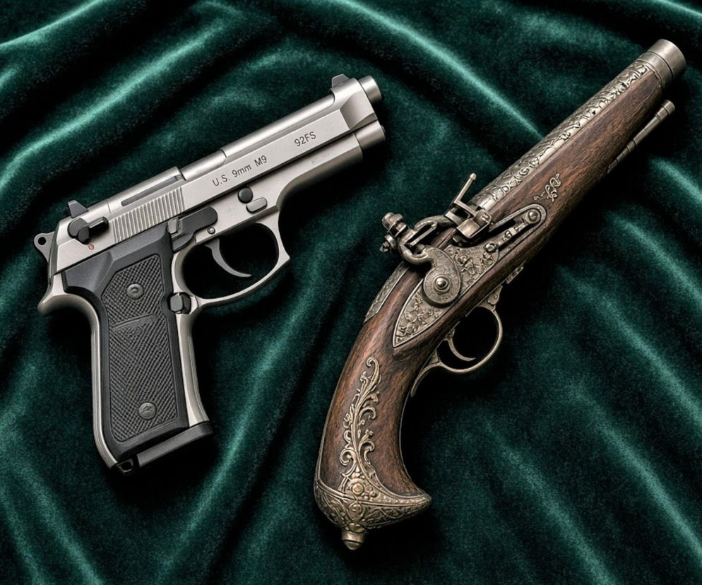 Pistolet Beretta 92FS obok zabytkowego pistoletu skałkowego. O historii marki przeczytasz na SE Portal Obronny.