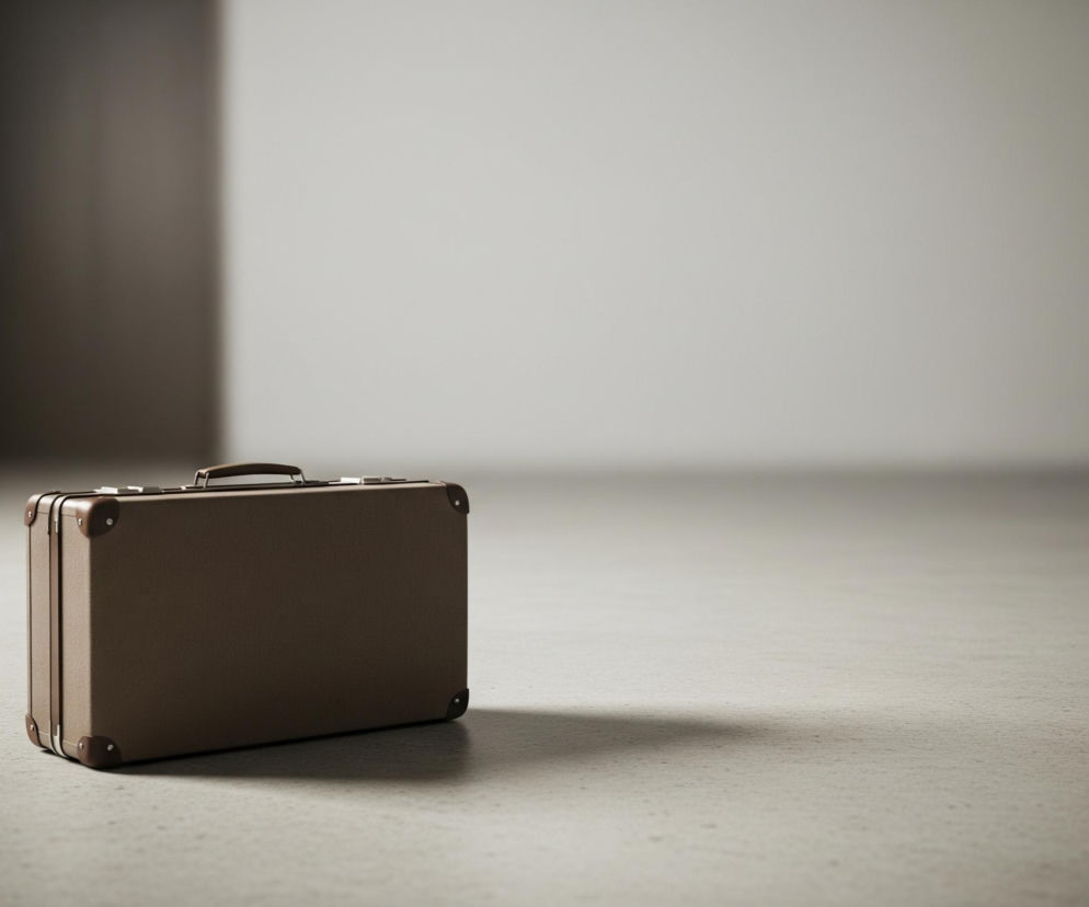 Pośrodku lewej strony kadru stoi brązowa walizka z metalowymi okuciami na rogach. Uchwyt na górze jest tego samego koloru, co reszta walizki. Tło stanowi pusta przestrzeń z jasnoszarymi ścianami i szarą podłogą; po lewej stronie widać ciemniejszą, pionową płaszczyznę, być może fragment otwartych drzwi. Całość jest skąpana w miękkim, rozproszonym świetle, a walizka rzuca niewielki cień na podłogę.