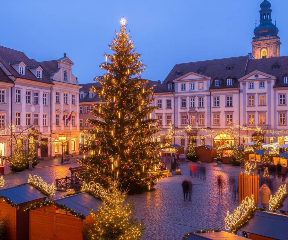 Centralnie na brukowanym placu dominuje wysoka, jasno oświetlona choinka, ozdobiona czerwonymi bombkami, złotymi girlandami oraz świecącymi lampkami, a jej szczyt wieńczy duża, świecąca gwiazda. Wokół choinki oraz na całym placu rozmieszczone są drewniane stragany z ciemnymi, spadzistymi dachami, również udekorowane licznymi, ciepłymi lampkami i girlandami. Tło stanowi rząd budynków o jasnych fasadach i spadzistych, ciemnych dachach z lukarnami, z których okien bije ciepłe, żółte światło. Po prawej stronie w oddali wznosi się ciemny budynek z wysoką wieżą zwieńczoną kopułą i iglicą, na której widoczny jest zegar i podświetlone elementy architektoniczne. Na placu widać rozmyte sylwetki ludzi, co sugeruje ruch, a cała scena skąpana jest w ciemnoniebieskim, wieczornym świetle.