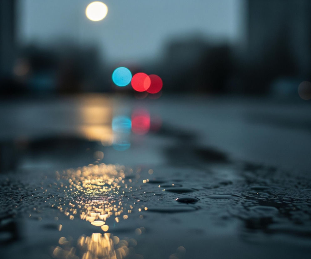 Mokry asfalt pokrywają liczne krople wody, które odbijają rozproszone, ciepłe światło z lewej strony kadru. W oddali, w rozmazanym tle, widoczne są trzy jasne, koliste źródła światła: jedno białe na górze, oraz dwa niżej – niebieskie i czerwone, z wyraźnymi odbiciami na wilgotnej nawierzchni. Ogólny koloryt obrazu jest chłodny, z dominującymi odcieniami szarości i granatu, przełamanymi punktami intensywniejszych barw świateł.