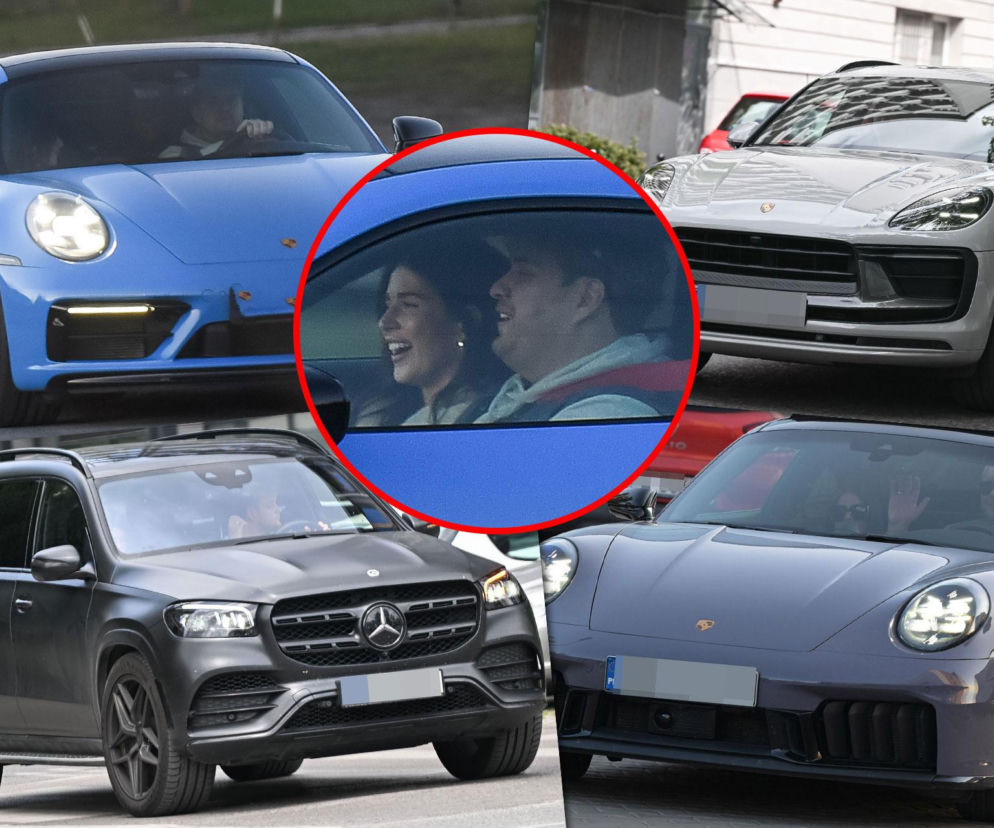 Luksusowe auta Roksany Węgiel, w tym Porsche i Mercedes. W środku zbliżenie na uśmiechniętą parę. Szczegóły w SE.