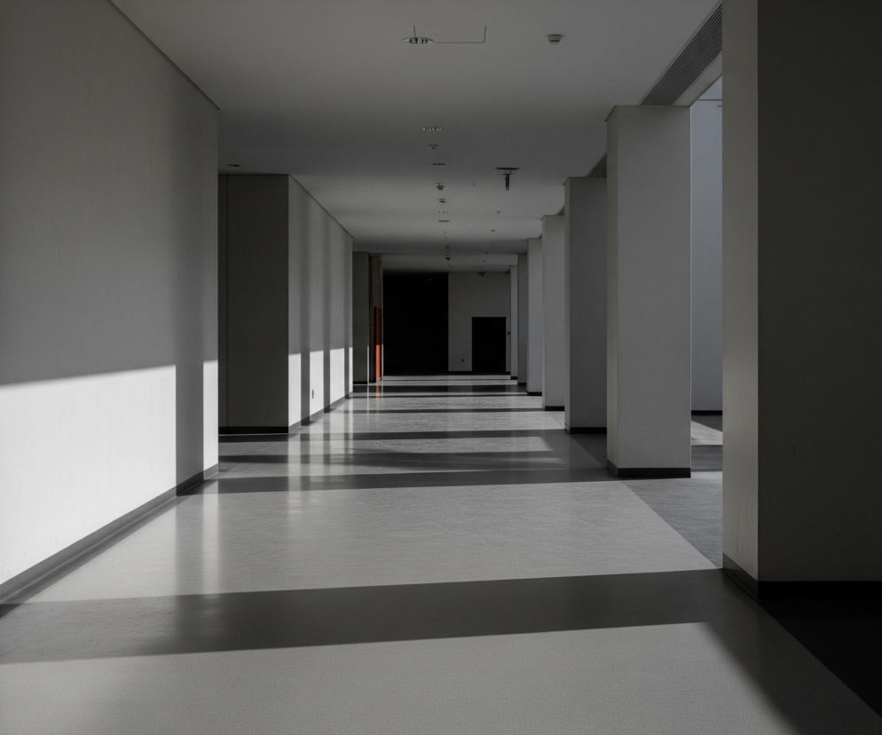 Długi korytarz ukazuje równoległe rzędy filarów po prawej stronie, rzucające cienie na podłogę. Światło dzienne, wpadające z lewej strony, tworzy jasne prostokątne plamy na ścianie i podłodze, kontrastując z ciemnymi pasami cienia. Surowa, minimalistyczna architektura cechuje się gładkimi, jasnoszarymi ścianami i podłogą, oraz ciemnymi drzwiami widocznymi w głębi korytarza. Na suficie widać rzędy drobnych, okrągłych świateł oraz prostokątne kratki wentylacyjne, dodające geometrycznego charakteru.