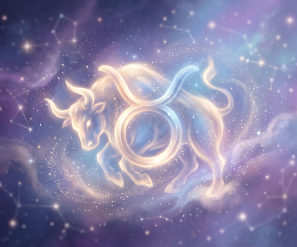 Świecący znak zodiaku Byka na tle gwieździstego kosmosu. O horoskopie dla Byka przeczytasz na Eska.