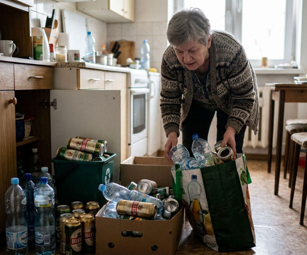 Starsza kobieta wkłada puste plastikowe butelki i puszki do torby w kuchni. O systemie kaucyjnym przeczytasz na SE Superbiz.