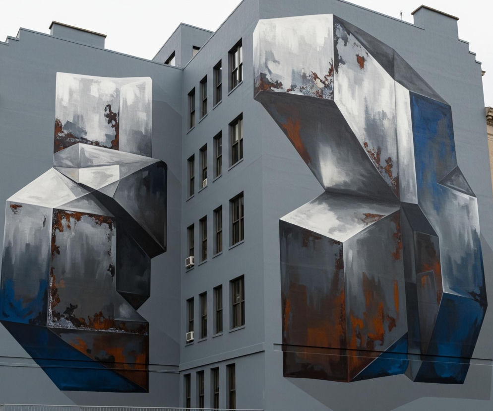 Budynek o szarych ścianach, z rzędami prostokątnych okien, pokrywa mural przedstawiający abstrakcyjne, geometryczne kształty przypominające bryły lodu lub skał. Te kształty są malowane w odcieniach szarości, bieli i granatu, z dodatkiem rdzawych, pomarańczowych plam, sprawiających wrażenie korozji. Kompozycja rozciąga się na dwóch widocznych ścianach budynku, tworząc iluzję przestrzennych form wystających z fasady. Z lewej i prawej strony budynek otaczają inne budowle o beżowych fasadach i licznych oknach.