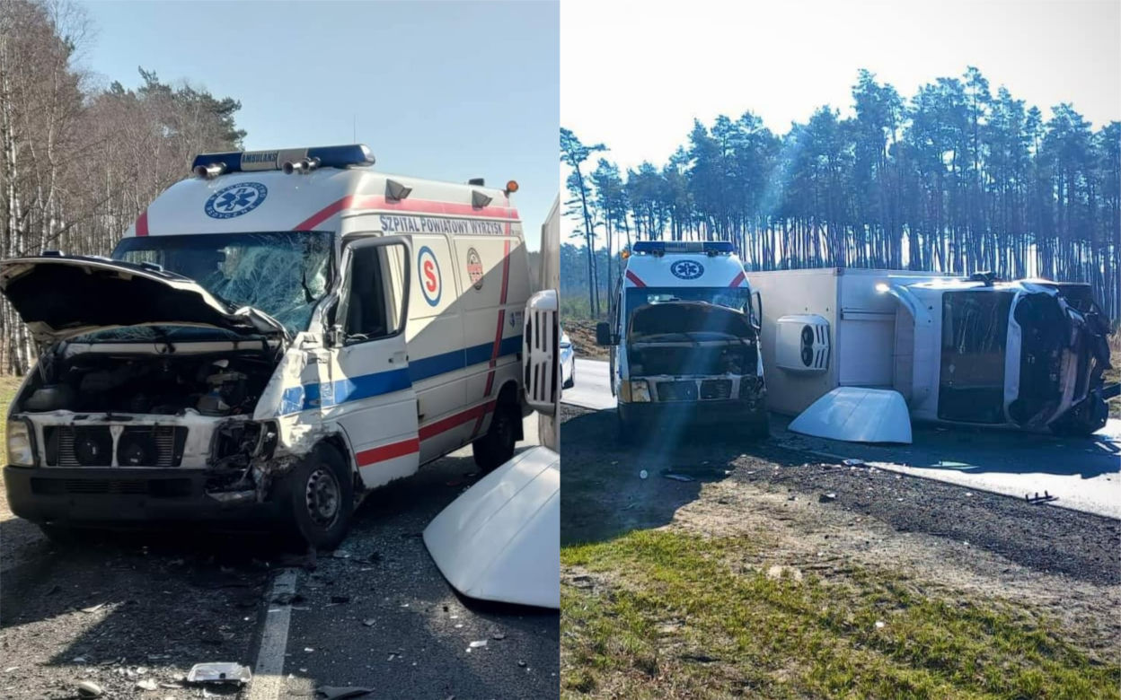 Wypadek z udziałem karetki na DK 10 koło Piły! Poszkodowany ratownik i pacjentka [ZDJĘCIA]