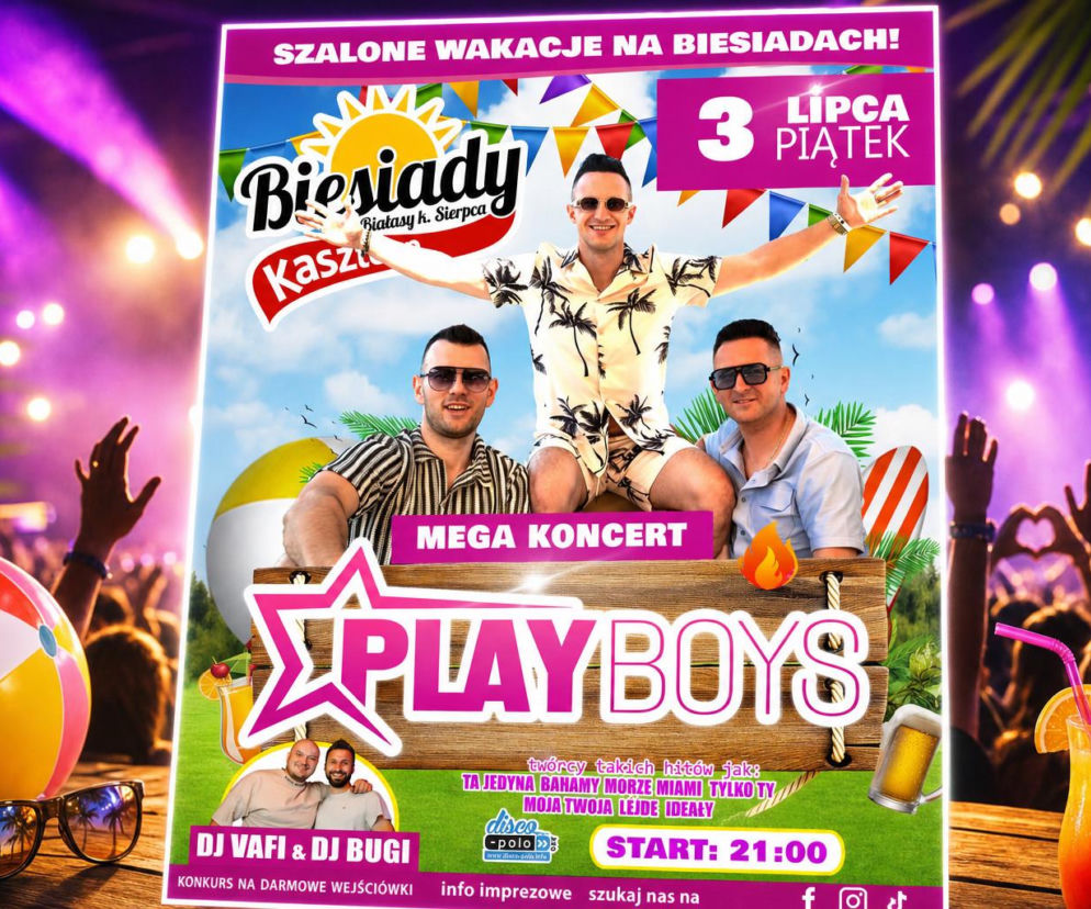 Plakat koncertu Playboys w Białasach na tle tłumu. O szczegółach biesiady pod Sierpcem przeczytasz na VOX FM.