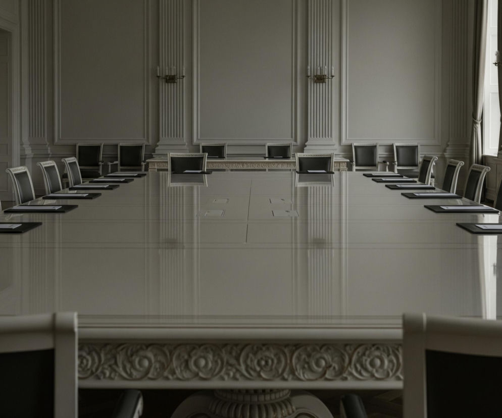 Na obrazie dominuje długi, owalny stół konferencyjny z polerowanym, jasnym blatem, odbijającym światło. Wokół stołu ustawione są liczne krzesła z ciemnymi, skórzanymi siedziskami i oparciami, ozdobionymi jasnymi, rzeźbionymi ramami. Na blacie stołu, przed każdym krzesłem, leżą czarne podkładki z białymi kartkami. Pomieszczenie charakteryzuje się klasycznym wystrojem z jasnymi ścianami, ozdobionymi pilastrami i panelami, a także zawieszonymi na nich kinkietami imitującymi świece; po prawej stronie widać okna zasłonięte ciężkimi, beżowymi zasłonami.