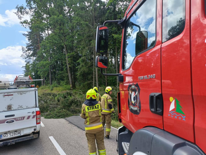Drzewa na drogach i budynkach. Zniszczone namioty harcerzy. Walka z żywiołem  na Warmii i Mazurach