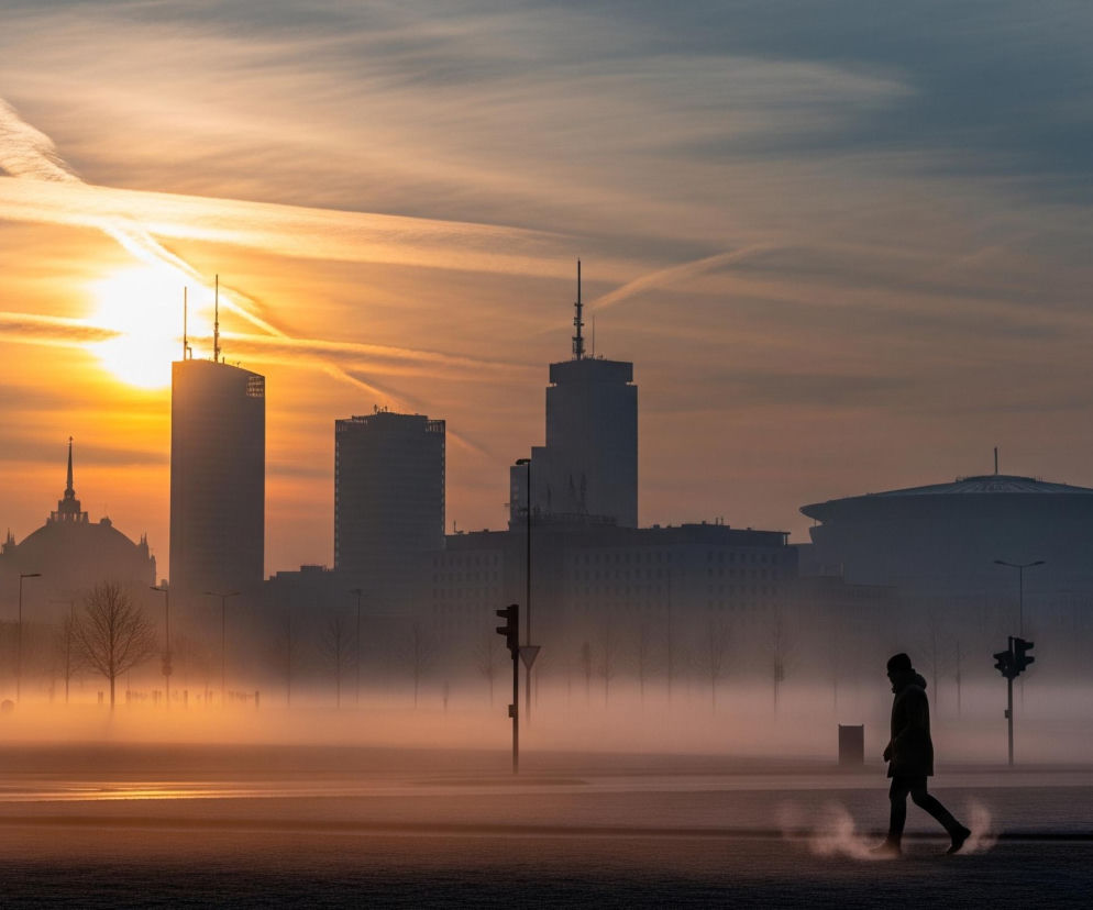 Na pierwszym planie, z prawej strony, idzie samotna sylwetka osoby ubranej w ciemną kurtkę i czapkę, pozostawiając za sobą lekki ślad w unoszącej się przy ziemi mgle. Całe dolne partie kadru, w tym ulice i niższe kondygnacje budynków, są spowite gęstą, złoto-pomarańczową mgłą, która rozprasza światło wschodzącego lub zachodzącego słońca. Ponad mgłą wznoszą się ciemne, zarysowane sylwetki wieżowców i innych miejskich budowli, widoczne na tle stopniowo blednącego nieba. Horyzont dominuje jaskrawe, pomarańczowe słońce, a w górnej części kadru niebo przechodzi w odcienie błękitu i szarości, przecinane smugami samolotowych kondensacyjnych śladów.