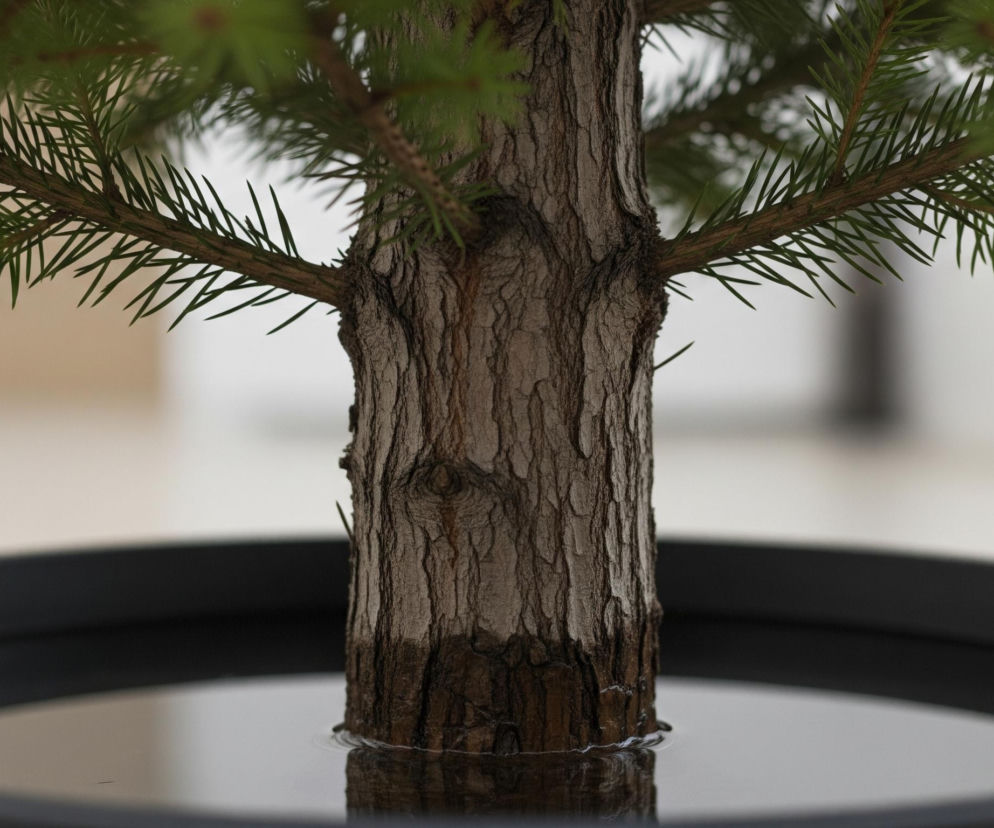 Centralnym punktem obrazu jest pionowy pień młodej rośliny, prawdopodobnie choinki, z szarobrązową, chropowatą korą. U dołu pień zanurzony jest w wodzie, której tafla odbija jego ciemniejszą, nasączoną część, a także fragmenty otoczenia. Z pnia odchodzą poziome, brązowe gałęzie pokryte gęstymi, zielonymi igłami. Cała kompozycja jest osadzona w czarnej, okrągłej doniczce lub pojemniku, wypełnionym wodą, na tle rozmytego, jasnego wnętrza.