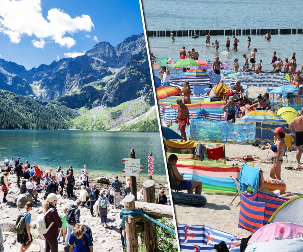 Turyści nad Morskim Okiem i na zatłoczonej plaży. O cenach wakacji w 2024 przeczytasz na Eska Trójmiasto.