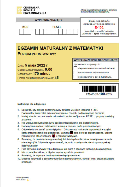 Matura 2022 - MATEMATYKA: arkusze CKE poziom podstawowy