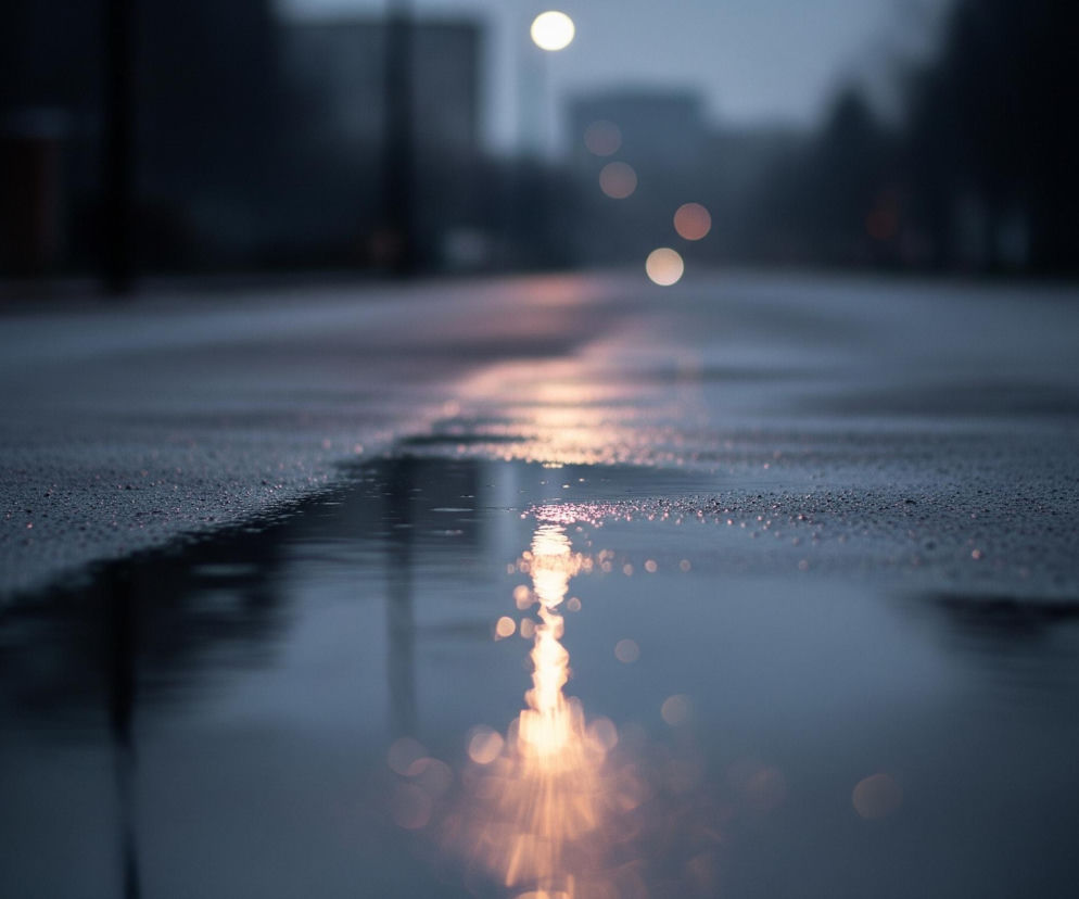 Mokry asfalt ulicy rozciąga się w głąb obrazu, a jego powierzchnia odbija rozmazane światła, tworząc długą, świetlistą smugę. Krople deszczu są widoczne na nawierzchni, zwłaszcza w dolnej części kadru, gdzie gromadzi się niewielka kałuża. W tle, w oddali, znajdują się rozmyte kontury budynków i drzew, a nad nimi wiszą liczne rozmazane, okrągłe światła, głównie w odcieniach ciepłego pomarańczu i bieli. Dominują ciemne, chłodne odcienie szarości i granatu, z wyjątkiem jasnych, rozświetlonych obszarów.