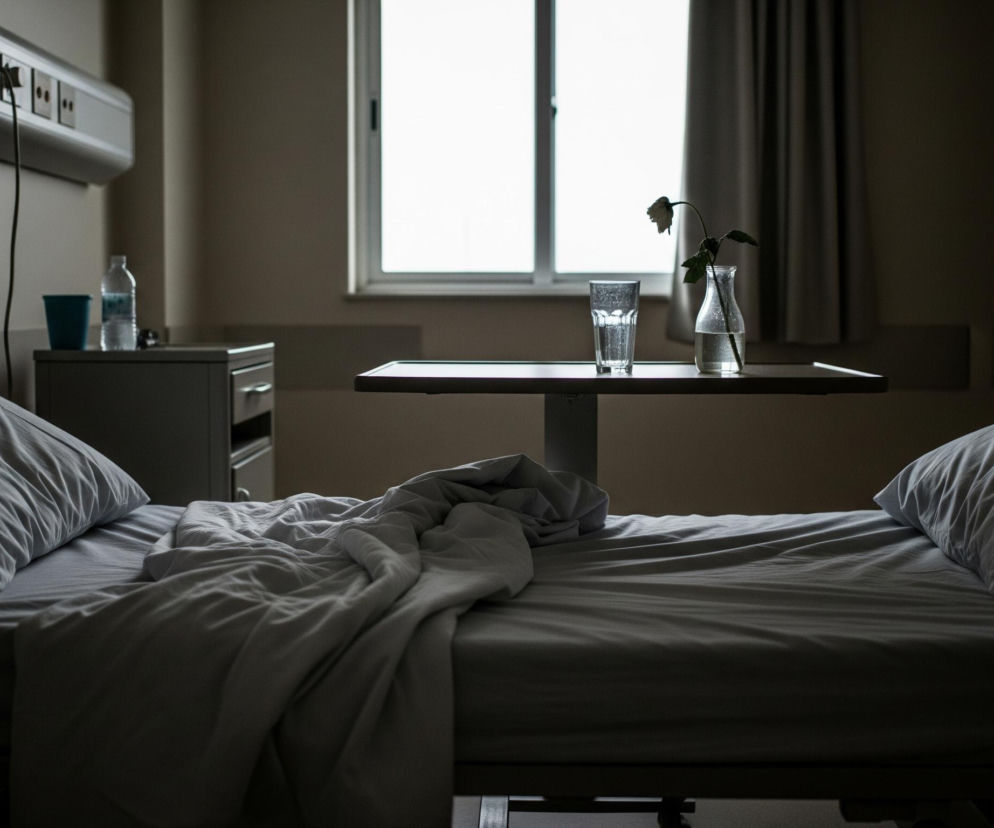 Puste łóżko szpitalne z szarą pościelą i dwiema poduszkami stanowi centralny element obrazu, a część kołdry jest luźno zarzucona. Obok łóżka, po lewej stronie, stoi szara szafka nocna z butelką wody i niebieskim kubkiem, a nad nią wisi poziomy panel z gniazdkami i kablami. Na stoliku nad łóżkiem, bliżej okna, znajduje się szklanka wody i mały wazon z pojedynczym, zwiędłym kwiatem. Duże, jasne okno po prawej stronie wypełnia tło, częściowo przysłonięte ciemnymi zasłonami, wpuszczając światło do pomieszczenia o beżowych ścianach.