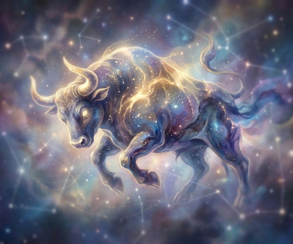 Mistyczna, kosmiczna ilustracja znaku zodiaku Byka, wypełniona gwiazdami i mgławicami w odcieniach fioletu, błękitu i złota, na tle rozgwieżdżonego nieba, symbolizująca horoskop dzienny Byka na naszym portalu.