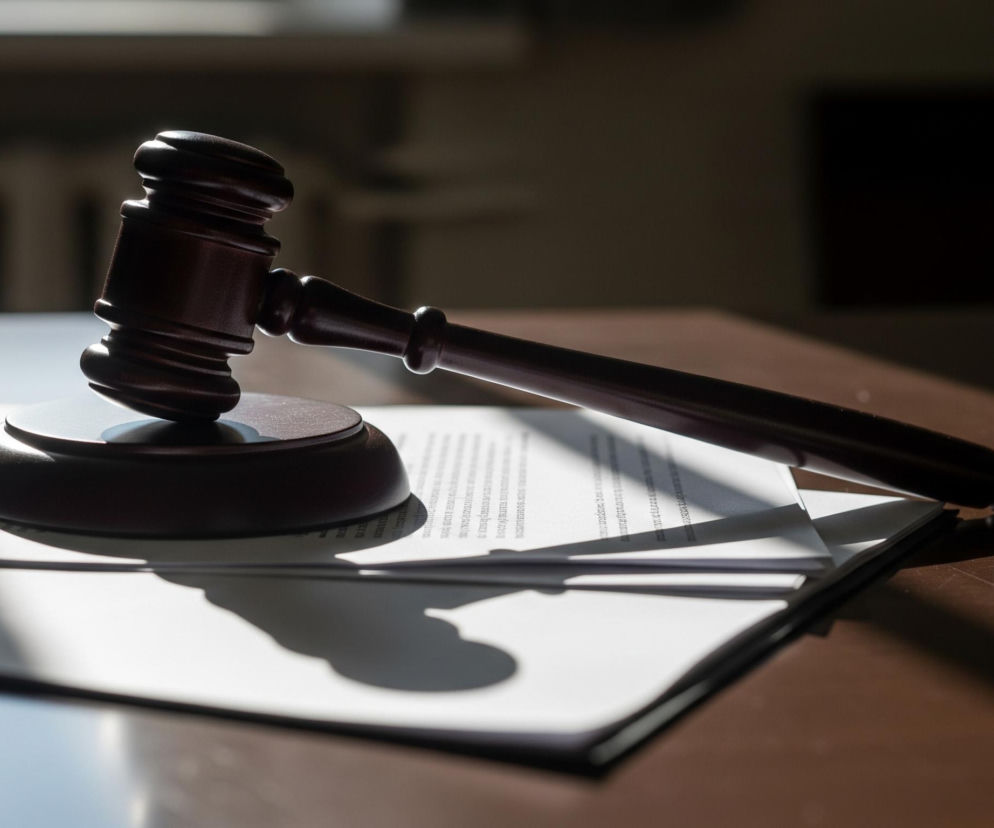 Na brązowym, drewnianym biurku leży młotek sędziowski wykonany z ciemnego drewna, skierowany w prawą stronę. Pod jego główną częścią znajduje się stos białych dokumentów z widocznym, niewyraźnym tekstem, częściowo oświetlonych jasnym światłem padającym z lewej strony. Po prawej stronie młotka widoczne jest jego wydłużone ramię, a na biurku widoczny jest długi cień rzucany przez młotek oraz światło i cień padające na dokumenty. Tło jest ciemne i rozmyte, z widocznymi zarysami mebli lub okna w górnej części.