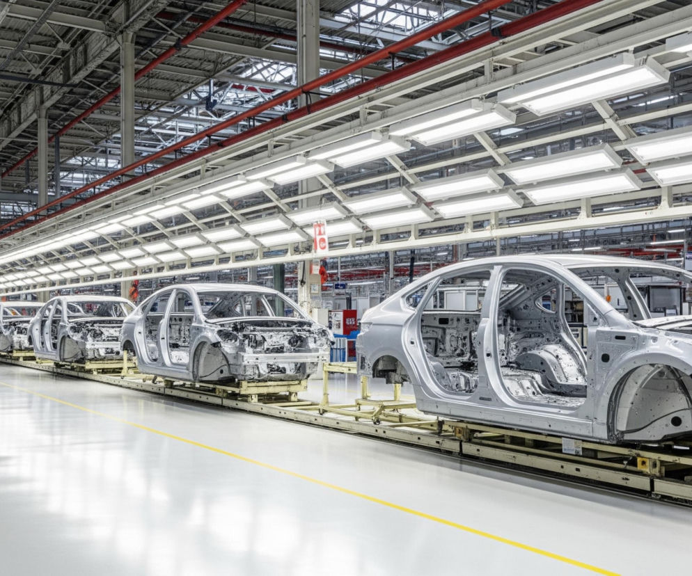 Rząd srebrnych karoserii samochodowych, pozbawionych silników, wnętrz i kół, przesuwa się na taśmie produkcyjnej w rozległej, jasnej hali fabrycznej. Błyszcząca szara podłoga odbija światło z licznych, podłużnych lamp fluorescencyjnych zamontowanych na wysokim suficie, który pokrywa skomplikowana sieć metalowych belek i czerwonych rur. Elementy konstrukcyjne i rury sufitowe widoczne są w tle, zlewając się z oddali.