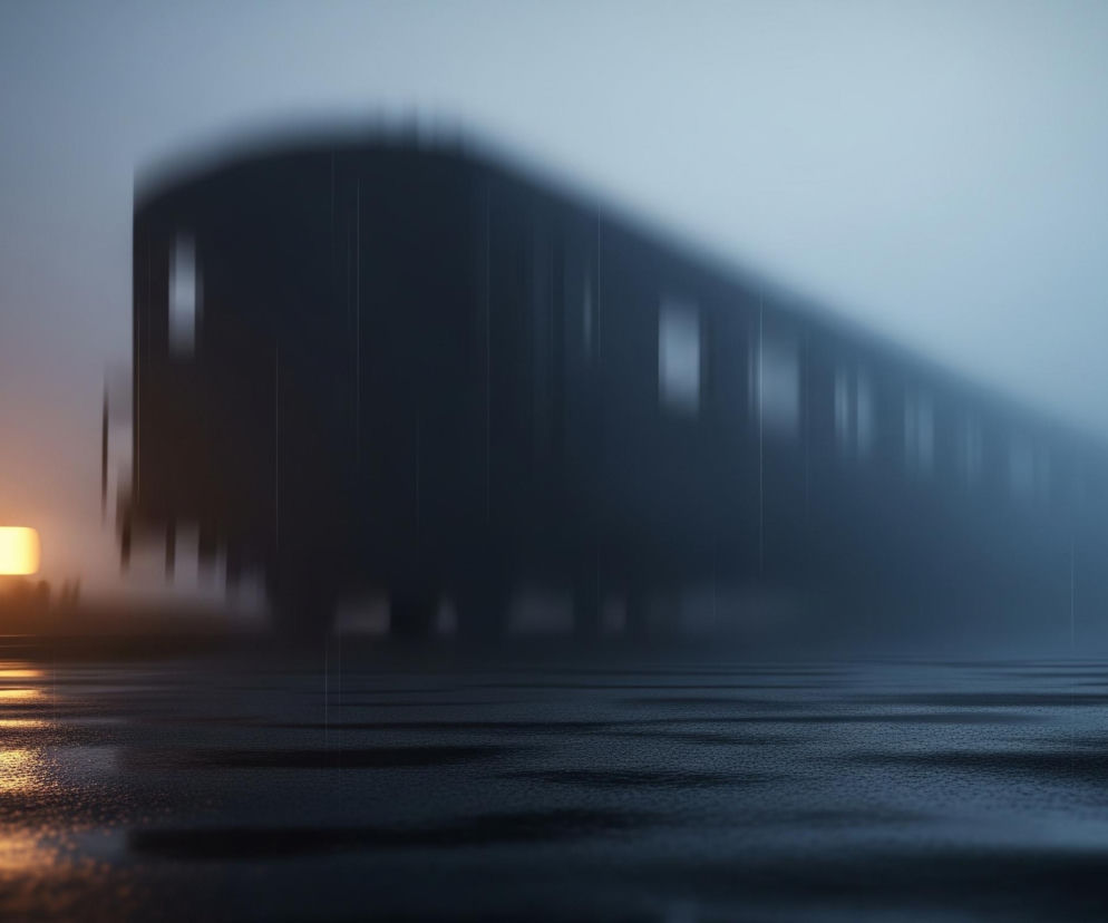 Po lewej stronie kadru znajduje się maszyna budowlana o niewyraźnych kształtach, której przód oświetla intensywna, prostokątna, żółta lampa. Światło lampy odbija się na mokrej, ciemnej powierzchni, tworząc pomarańczowe refleksy rozciągające się w głąb obrazu. Po prawej stronie, w tle, widoczny jest długi, ciemny obiekt o kształcie wagonu lub pociągu, jego kontury są rozmyte i niewyraźne, a kilka jaśniejszych prostokątów sugeruje okna. Cała scena spowita jest w niebieskawej, zamglonej atmosferze, a drobne białe linie symulują padający deszcz.