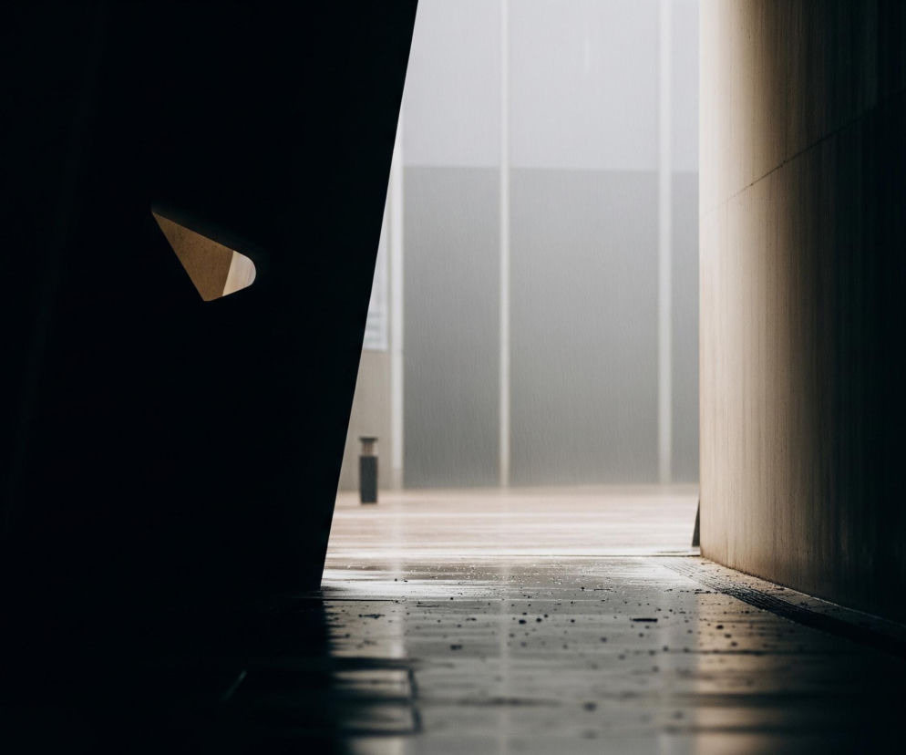 Lewa strona kadru jest ciemna, niemal czarna, z wyraźnym, trójkątnym otworem o jasnych, beżowych krawędziach, przez który prześwituje światło. Po prawej stronie widać pionową, beżową ścianę lub filar o teksturowanej powierzchni. Pomiędzy ciemną lewą częścią a beżową ścianą rozciąga się jasne przejście z podłogą pokrytą drobnymi, czarnymi kropkami i odbijającą światło. W tle, za przejściem, widoczne są rozmyte, pionowe, jasne panele oraz ciemny, prostokątny obiekt na podłodze, a całe tło jest jasnoszare i rozmyte.