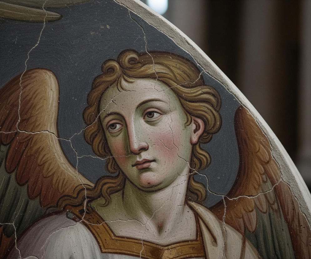 Centralną częścią obrazu jest malowidło przedstawiające postać z rudawymi, kręconymi włosami i dużymi, brązowymi skrzydłami. Twarz postaci jest bladobiała z wyraźnym różowym rumieńcem na policzkach, a jej wzrok skierowany jest lekko w lewo, z rozchylonymi ustami. Postać ubrana jest w białą szatę ze złotą lamówką wokół dekoltu i ramion. Całe malowidło, utrzymane w barwach ziemi i błękitu, jest pokryte licznymi, drobnymi pęknięciami.