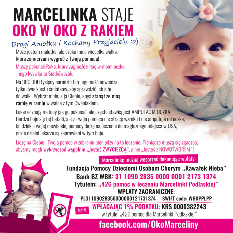 Malutka Marcelinka cierpi na złośliwy NOWOTWÓR OKA. Dzięki waszemu wsparciu będzie mogła żyć normlanie
