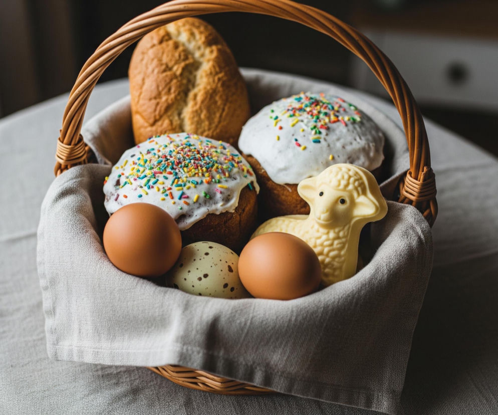 W wiklinowym koszyku z uchwytem, wyłożonym szarym płótnem, ułożone są świąteczne wypieki i jaja. Dwie babki drożdżowe pokryte są białym lukrem i kolorową posypką, a obok nich leży trzeci, nieudekorowany wypiek. Pomiędzy nimi znajdują się trzy jajka: dwa brązowe i jedno jasne, nakrapiane. W prawym dolnym rogu koszyka stoi figurka białego baranka z czekolady, z czarnymi oczami. Cały koszyk stoi na szarym obrusie.