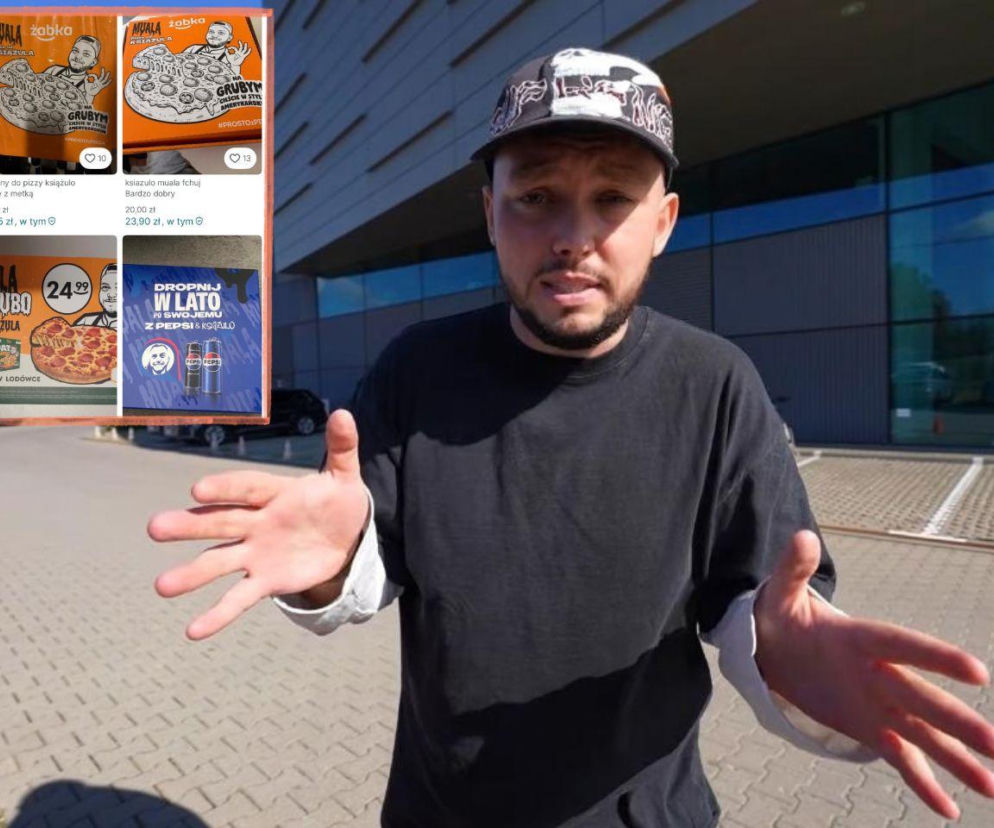 Youtuber Książulo na tle budynku. Na miniaturze obok aukcje pudełek po Muala Pizzy. O ofertach przeczytasz na SE.