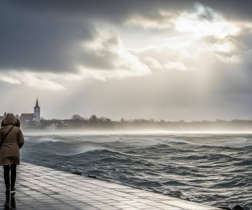 Osoba w beżowej, zimowej kurtce z futrzanym kapturem idzie po mokrym, brukowanym chodniku wzdłuż wzburzonego zbiornika wodnego. Ciemnoniebieskie, duże fale rozbijają się, tworząc białą mgiełkę na horyzoncie, za którym rozciąga się pasmo drzew. W oddali po lewej stronie widać zabudowania z dominującą białą wieżą kościoła z czerwonym dachem, natomiast niebo jest szare i zachmurzone, z promieniem światła przedzierającym się przez chmury w górnej, środkowej części obrazu.