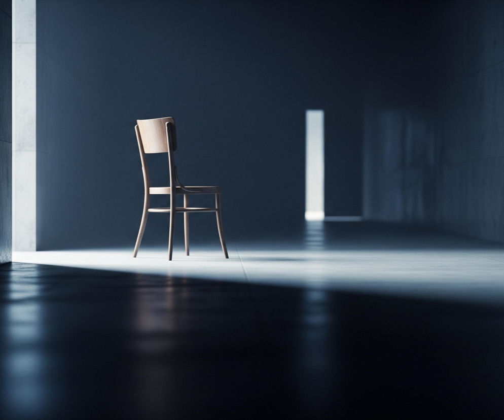 W centrum kadru stoi pojedyncze, drewniane krzesło w jasnym, beżowym kolorze, widziane od tyłu, jego cztery nogi opierają się na gładkiej, szarej posadzce. Krzesło znajduje się w długim, prostym korytarzu o betonowych ścianach, gdzie światło wpada z dwóch pionowych szczelin po lewej stronie, oraz z kolejnej, dalszej szczeliny na końcu korytarza. Światło tworzy na podłodze wyraźne, prostokątne plamy, kontrastujące z głębokimi, niebieskawymi cieniami, które pokrywają większość powierzchni, szczególnie na pierwszym planie, gdzie podłoga jest niemal czarna i odblaskowa.