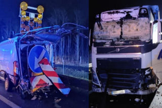Groźny wypadek pod Zieloną Górą. Ciężarówka wjechała w radiowóz i pojazd służby drogowej
