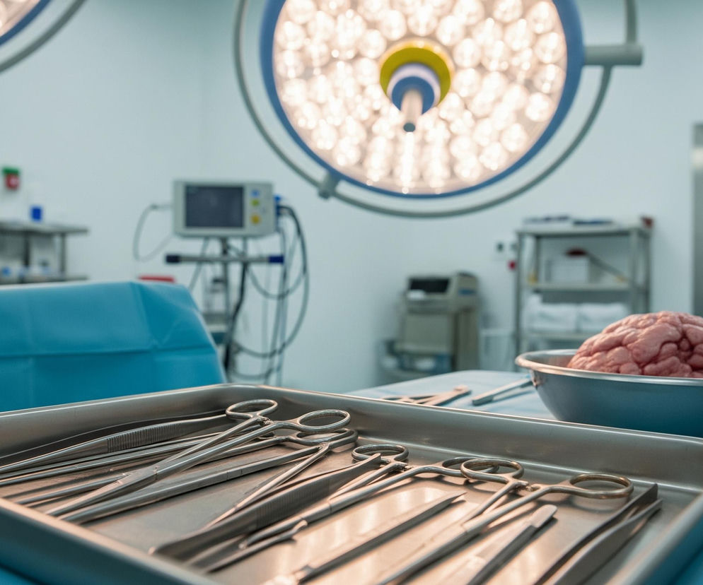 Na pierwszym planie, w centrum, znajduje się prostokątna metalowa taca wypełniona lśniącymi, srebrnymi narzędziami chirurgicznymi, takimi jak nożyczki, kleszcze i pęsety, ułożonymi równolegle. Taca spoczywa na stole pokrytym jasnoniebieską, jednorazową tkaniną, która rozciąga się również w lewą stronę, tworząc fałdy. Za tacą, po prawej stronie stołu, stoi metalowa miska w kolorze szaroniebieskim, zawierająca różowy, pofałdowany obiekt przypominający ludzki mózg. Tło stanowi jasne, sterylne pomieszczenie, prawdopodobnie sala operacyjna, z niewyraźnymi elementami: na górze widać dwa duże, okrągłe, jasno świecące lampy chirurgiczne z licznymi źródłami światła, a na ścianie po lewej stronie znajduje się monitor medyczny oraz inne urządzenia.