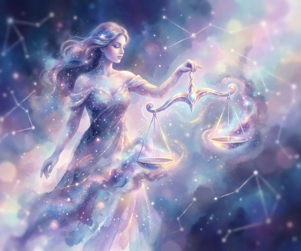 Wodna akwarela przedstawiająca eteryczną kobietę symbolizującą znak zodiaku Wagi, z wagą w dłoni, otoczoną błyszczącymi gwiazdami i mgławicami, w fioletowo-niebieskich barwach. Sprawdź horoskop dzienny dla Wagi na naszym portalu.