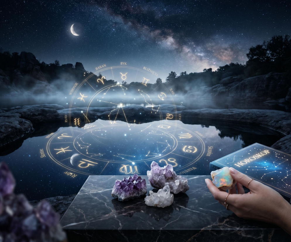 Mistyczny krajobraz nocny z księżycem, widoczną Drogą Mleczną i mgłą nad wodą. Na pierwszym planie znak zodiaku, ametysty, kryształy kwarcu oraz dłoń trzymająca opal i książkę Horoskop. Czytaj horoskop dzienny na naszym portalu.