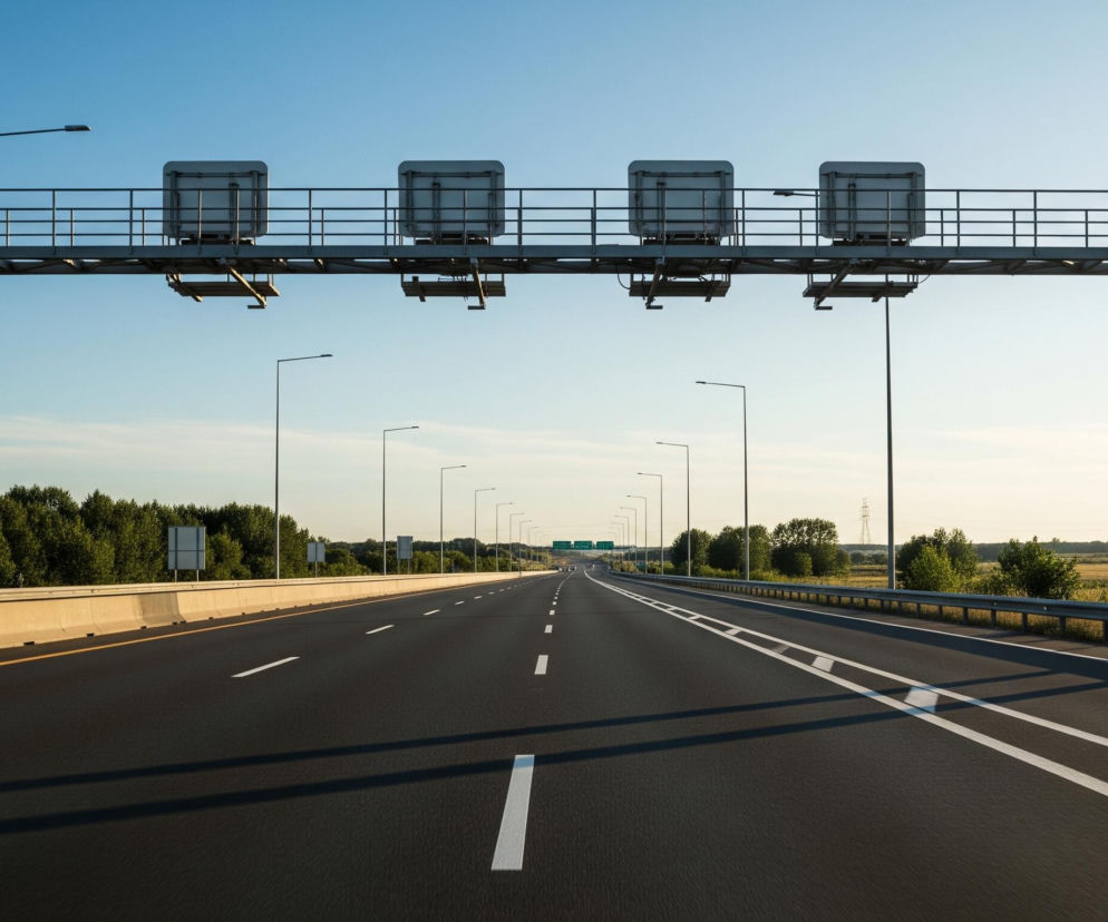 Długa, pusta autostrada biegnie prosto w kierunku horyzontu, oświetlona ciepłym, popołudniowym światłem. Na pierwszym planie ciemny asfalt pokryty jest białymi, przerywanymi liniami, wyznaczającymi pasy ruchu, oraz ciągłą, żółtą linią oddzielającą pobocze od głównej jezdni. Nad drogą rozciąga się metalowa konstrukcja wsparta na dwóch grubych słupach, z czterema szarymi tablicami informacyjnymi oraz balustradą po obu stronach. Po lewej stronie autostrady widać betonową barierę ochronną i szereg drzew, natomiast po prawej rozciąga się otwarte pole ze złotymi uprawami i pojedynczym słupem wysokiego napięcia w oddali. Na całej długości drogi rozmieszczone są latarnie uliczne, a niebo nad nimi jest jasnoniebieskie, z delikatnymi, białymi obłokami przy horyzoncie.