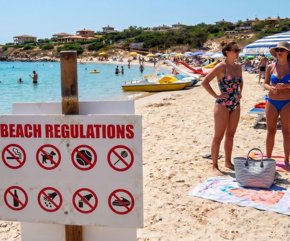 Tablica z regulaminem i zakazami na plaży. O mandatach za granicą przeczytasz na SE Wrocław.
