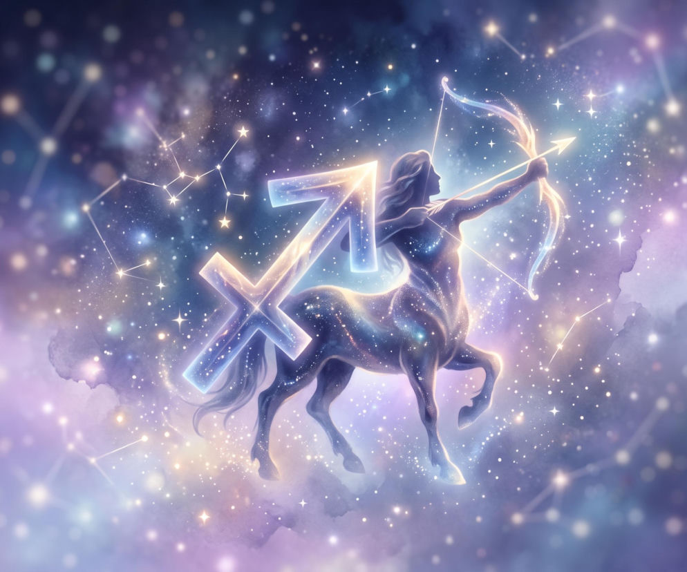 Świecący centaur z łukiem oraz symbol Strzelca na tle gwieździstego nieba. O horoskopie przeczytasz na Eska.