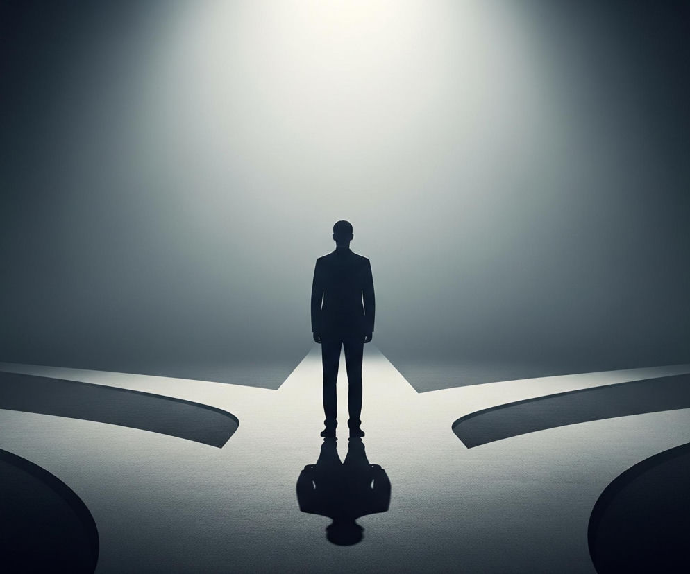 Na obrazie dominuje ciemna, gradientowa tonacja, przechodząca od niemal czarnego do jasnej bieli. Centralnie, w pionie, stoi postać mężczyzny w garniturze, ukazana jako czarna sylwetka na tle intensywnego, białego światła padającego z góry. Jego odbicie jest widoczne na błyszczącej, ciemniejszej powierzchni pod stopami.

U dołu obrazu, rozgałęziające się ścieżki o zaokrąglonych krawędziach rozchodzą się na boki, tworząc rodzaj rozwidlenia drogi. Ścieżki są w jaśniejszym odcieniu szarości, kontrastując z ciemnym tłem i podkreślając ich kształt. Całość kompozycji, operująca głównie barwami czerni, szarości i bieli, buduje poczucie dylematu i wyboru.