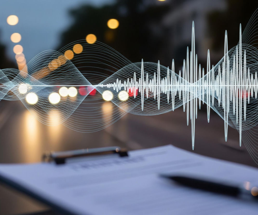 Na pierwszym planie, w dolnej części obrazu, widoczna jest podkładka z arkuszem papieru trzymana klipsem, częściowo rozmazana. Na papierze leży czarny długopis. Tło przedstawia rozmyty krajobraz miejski nocą, z ulicą i licznymi, okrągłymi światłami w odcieniach pomarańczu i bieli, symulującymi latarnie i światła samochodowe, a także czerwone światła tylne. Na to tło nałożona jest biało-niebieska wizualizacja fal dźwiękowych, przypominająca wykresy równika i impulsów, biegnąca przez całą szerokość obrazu.