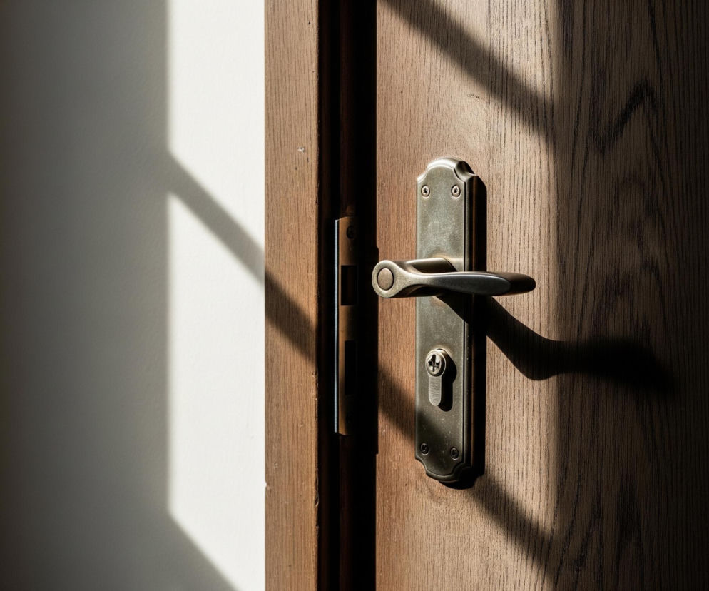 Antyczne, metalowe okucie z klamką i zamkiem umieszczone jest centralnie na brązowych, drewnianych drzwiach, z wyraźnym usłojeniem. Na ich powierzchni oraz na przylegającej do nich jasnej, białej ścianie po lewej stronie, widoczne są cienie o regularnych, prostokątnych kształtach, tworzące skośne, jasne pasma światła. Prawa część drzwi i obszar na prawo od nich pozostają w głębokim cieniu.