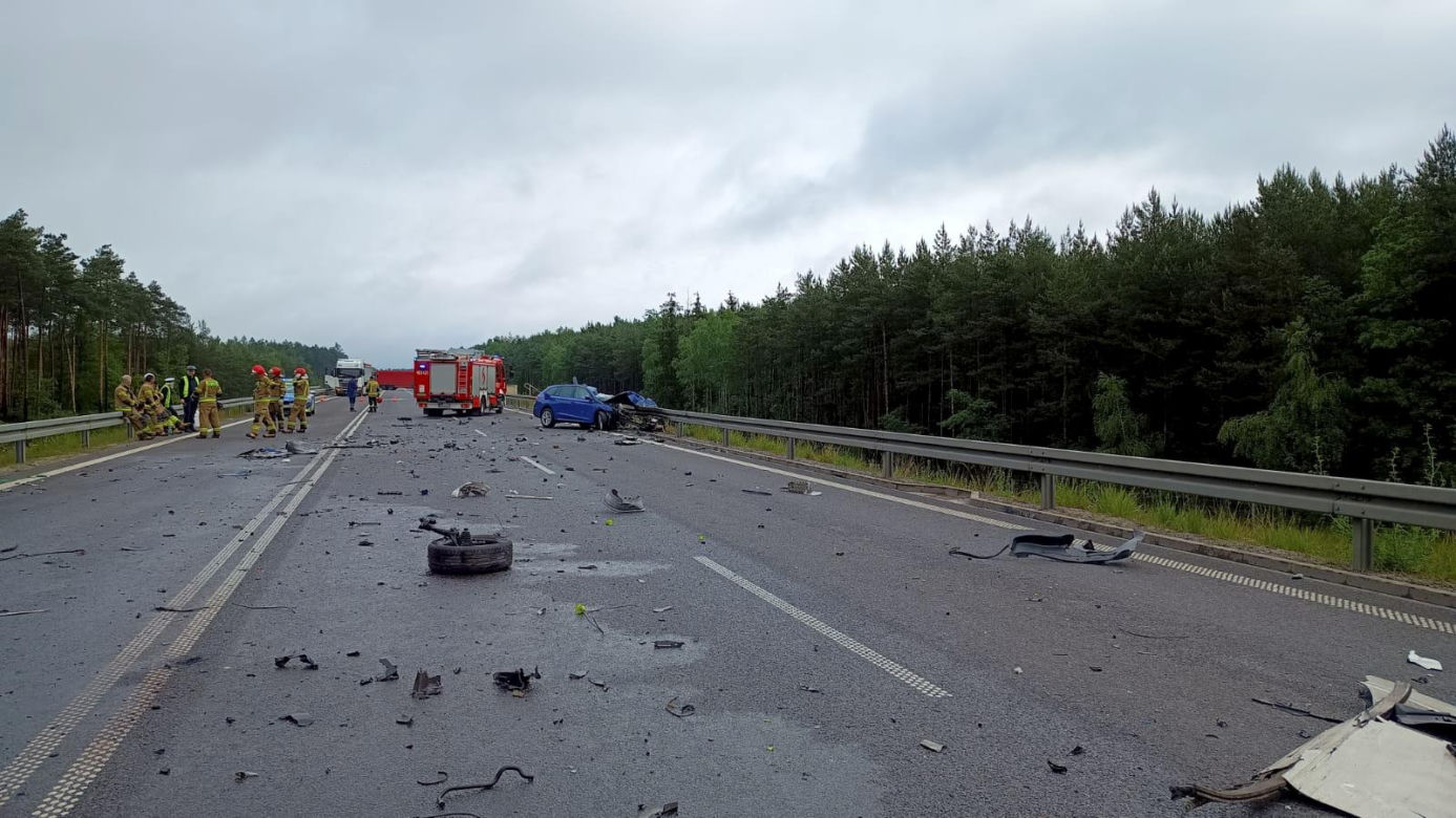Śmiertelny wypadek pod Bełchatowem. Kierowca osobówki nie żyje, ciężarówka spłonęła [ZDJĘCIA].