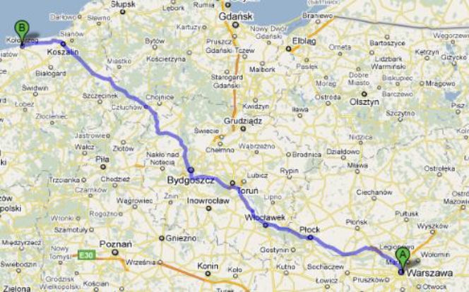 Trasa 25 Warszawa-Kołobrzeg - mapka