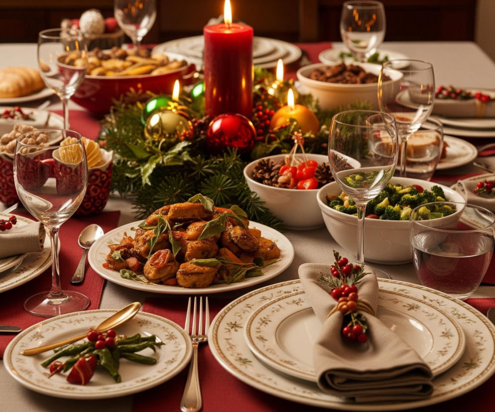 Stół, częściowo pokryty szarym obrusem i czerwonymi podkładkami, zastawiony jest licznymi potrawami i naczyniami, tworząc uroczysty, świąteczny nastrój. Centralne miejsce zajmuje wieniec z zielonych gałązek i czerwonych jagód, udekorowany czerwonymi i złotymi bombkami oraz trzema zapalonymi świecami, z których jedna, duża, jest czerwona i dwie mniejsze, złote. Dookoła niego rozłożone są różnorodne dania w miskach i na talerzach, w tym główne danie z pieczonych kawałków mięsa lub warzyw z ziołami na białym talerzu, miski z brokułami, suszonymi owocami, orzechami i innymi przekąskami. Każde nakrycie składa się z dwóch białych talerzy ze złotymi wzorami, sztućców – widelca, noża i łyżki – oraz beżowej serwetki przewiązanej sznurkiem i ozdobionej czerwoną gałązką z jagodami, a także kieliszków na wodę i wino.