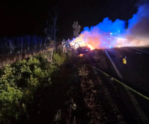 Pijany kierowca i pożar BMW na DK-63 w Suchożebrach