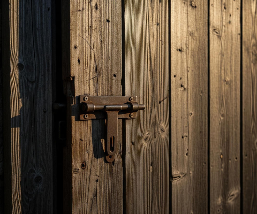 Centralnie widoczny jest metalowy zasuwka w kolorze rdzawo-brązowym, przymocowana śrubami do pionowych desek drewnianych. Drewniane deski o ciemnej, brązowej barwie z wyraźnym usłojeniem, są pionowo ułożone, tworząc powierzchnię drzwi lub bramy. Lewa strona obrazu przedstawia chropowatą, kamienną ścianę w odcieniach beżu i szarości, oświetloną częściowo ciepłym, bocznym światłem, które tworzy długie cienie na desce po lewej stronie zasuwki. Prawa część drewnianej powierzchni jest jaśniej oświetlona, z widocznymi sękami i delikatnymi pęknięciami w drewnie, podczas gdy skrajna prawa krawędź obrazu ukazuje fragment kolejnej kamiennej ściany, również częściowo zacienionej.