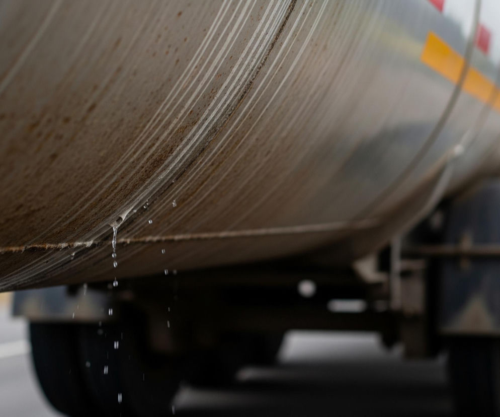 Duży, brudny, cylindryczny zbiornik w kolorze srebrno-szarym dominuje na pierwszym planie, z licznymi pionowymi smugami i brązowymi zaciekami, a także kroplami wody spadającymi z jego dolnej krawędzi. Tylne koła i część nadwozia pojazdu, na którym zamontowany jest zbiornik, widoczne są w tle, z nieostrymi, ciemnymi elementami i częścią opony. Na zbiorniku widoczne są również jasne, żółte i czerwone elementy odblaskowe w dalszej, nieostrej części. Całość utrzymana jest w stonowanej kolorystyce, z dominacją szarości, brązów i bieli, a tło jest jasne i rozmyte.