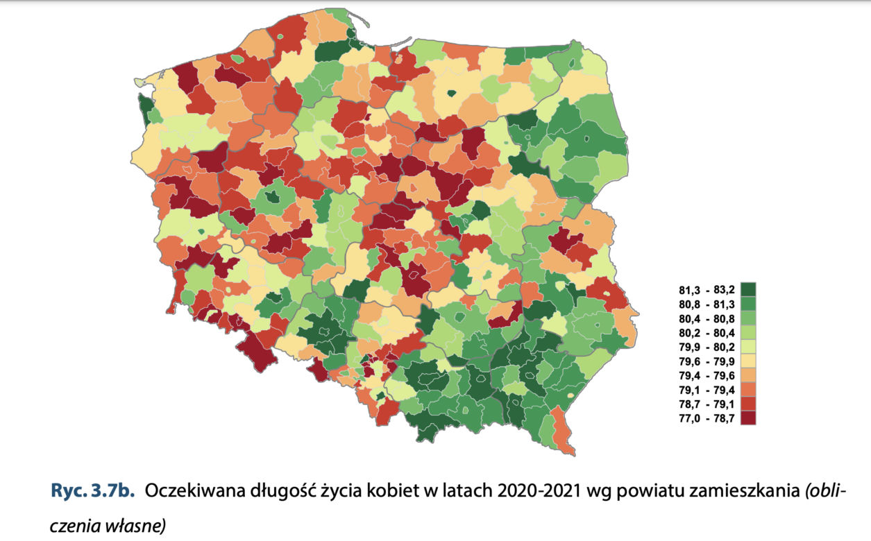 Mapa średniej wieku kobiet w Polsce