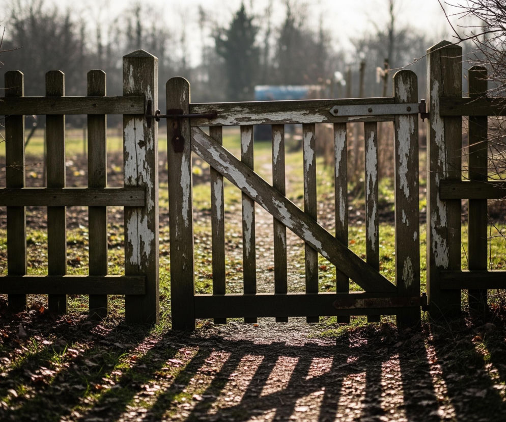 Na pierwszym planie, centralnie, widać starą drewnianą furtkę otoczoną płotem z pionowych sztachet. Furtka ma widoczne ubytki farby, ukazujące szare drewno, a jej prawy panel posiada skośną belkę wzmacniającą; jest zamknięta na metalowy rygiel. Po obu stronach furtki i płotu rosną gęste, bezlistne krzewy, rzucające długie, cieniowane pasy na ziemię pokrytą suchymi liśćmi i trawą. W tle rozciąga się zielone pole lub trawnik, za którym majaczy las, a światło słoneczne pada z tyłu, tworząc efekt rozmycia i jasności w oddali.