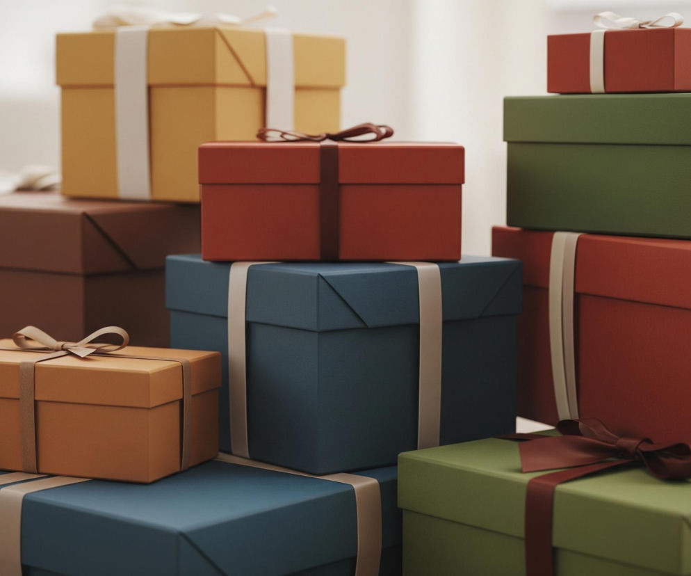 Na pierwszym planie widać stosy zapakowanych prezentów o różnych rozmiarach i kolorach. Większość pudełek jest prostokątna, a każde przewiązane jest wstążką z kokardą. Po lewej stronie, na dole, leżą dwa niebieskie pudełka, a na nich mniejsze brązowe pudełko ze wstążką w podobnym odcieniu. Dalej w tle, po lewej stronie, znajduje się duże brązowe pudełko z białą wstążką, a na nim żółte pudełko również z białą wstążką. Po prawej stronie zdjęcia piętrzą się pudełka w kolorach zielonym i czerwonym; na dole leży czerwone pudełko z białą wstążką, na nim zielone pudełko z białą wstążką, a na samej górze małe czerwone pudełko z białą wstążką. Tło jest jasne i rozmyte, co dodatkowo podkreśla kolory i kształty prezentów.