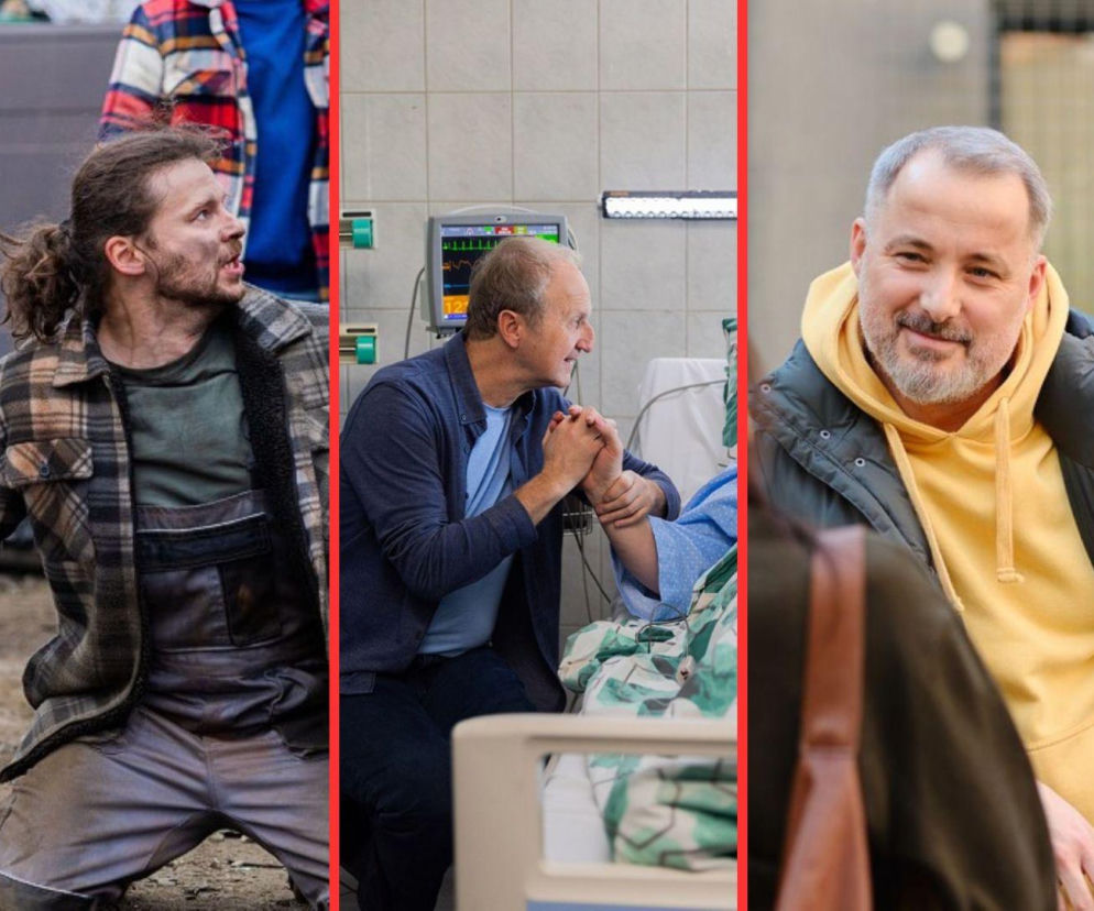 Trzy sceny z serialu Pierwsza miłość: po lewej mężczyzna z rozwianymi włosami na tle nieba, w środku mężczyzna trzymający za rękę osobę leżącą w łóżku szpitalnym, a po prawej mężczyzna z brodą w żółtej bluzie. Więcej o losach bohaterów przeczytasz na Super Seriale.